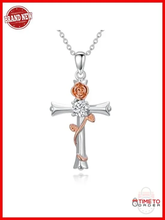 Rose Gold Cross Pendant Necklace with Cubic Zirconia Birthstone, Christian