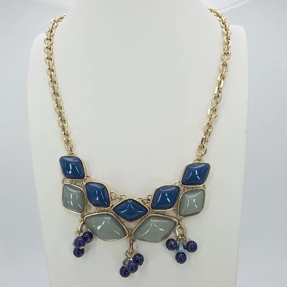 Vtg TALBOTS Signed Necklace Statement Blue Light Green Dark Purple Gold Tone 20