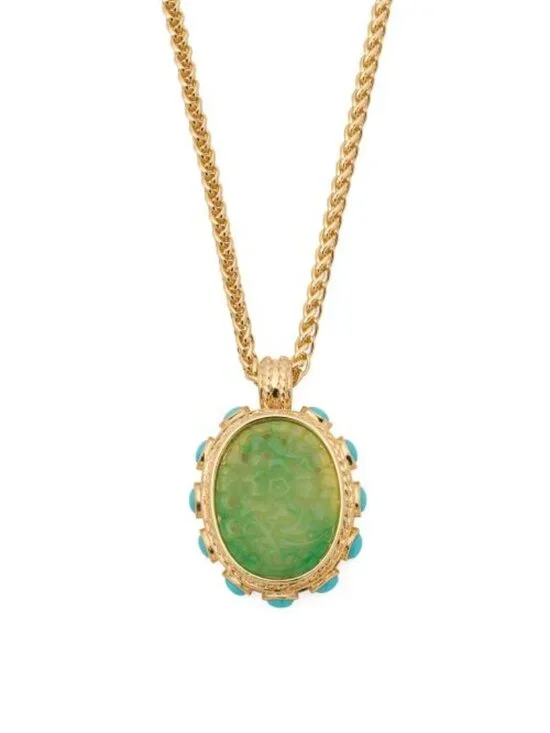 KENNETH JAY LANE Gold Carved Jade And Turquoise Pendant Necklace