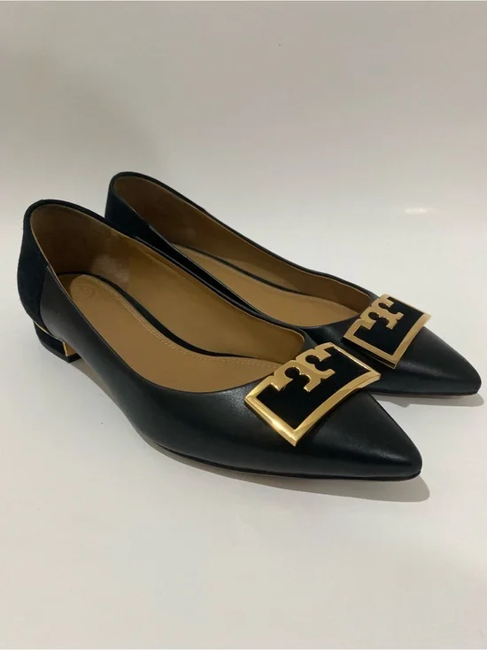Tory Burch Jessa Black Gold Pointed Toe Logo Buckle Flats Leather Suede