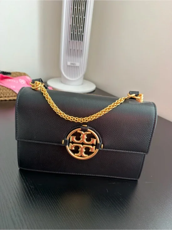 Tory Burch Black Leather Shoulder Bag with Gold Logo and Chain