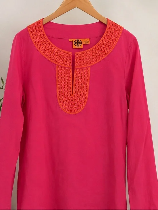 Tory Burch Hot Pink Tunic with Orange Eyelet Trim Size 12 runs small