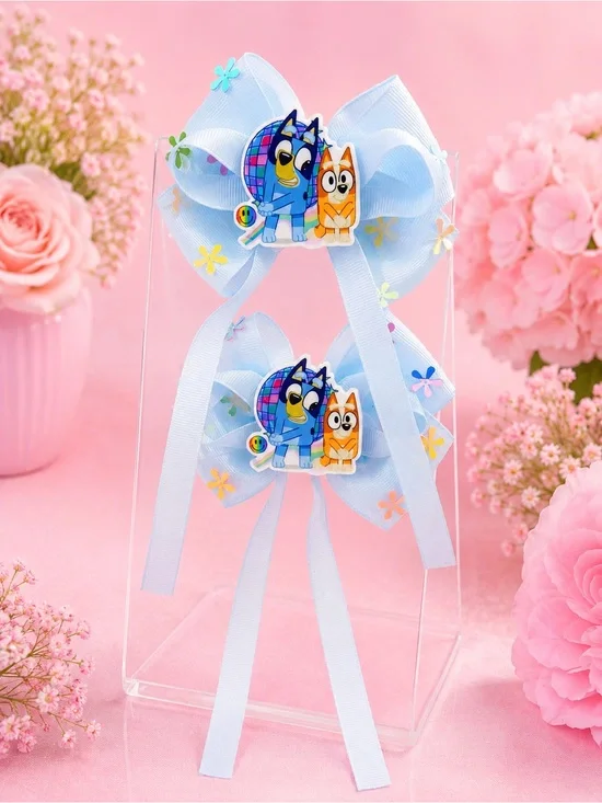 Bluey Inspired 4” Boutique Hair Bow Set | Light Blue Ribbon Bows | Pair