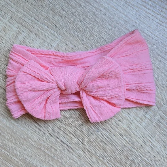 Cable Knit Pink Baby Girl Headband Oversized Bow Soft Stretchy Nylon Hairband