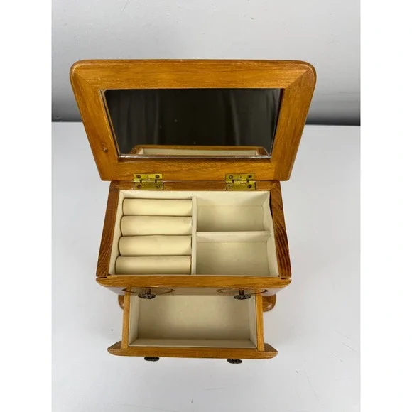Vtg Wooden Jewelry Box Heart Carved Oak Finish Mirror Ring Storage Organizer