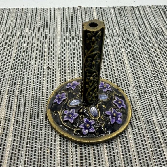 Vintage Floral Ring Holder Bronze Metal Purple Enamel Flower Rhinestone Stand 2