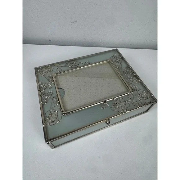 Vtg Frosted Glass Trinket Box Silver Rose Filigree Picture Frame Jewelry