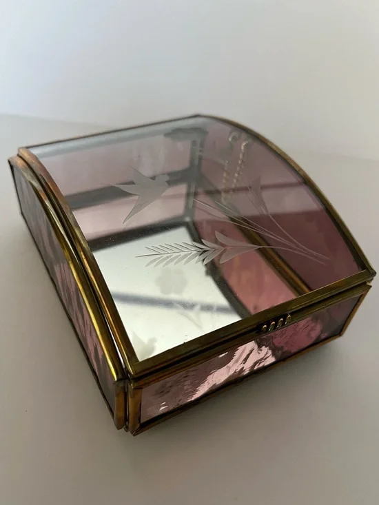 Vintage Brass Trinket Jewelry Box Etched Floral Purple Glass Curved Lid Romantic
