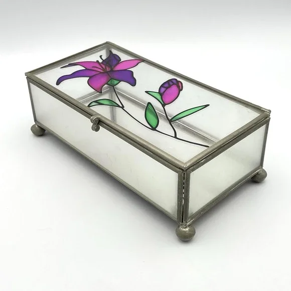 Vintage Taiwan Stained Glass Jewelry Trinket Box Frosted Glass Purple Lily