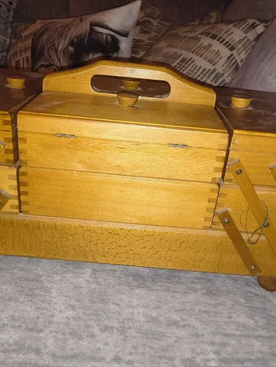 Vintage Wooden Sewing Box Organizer - Natural Wood