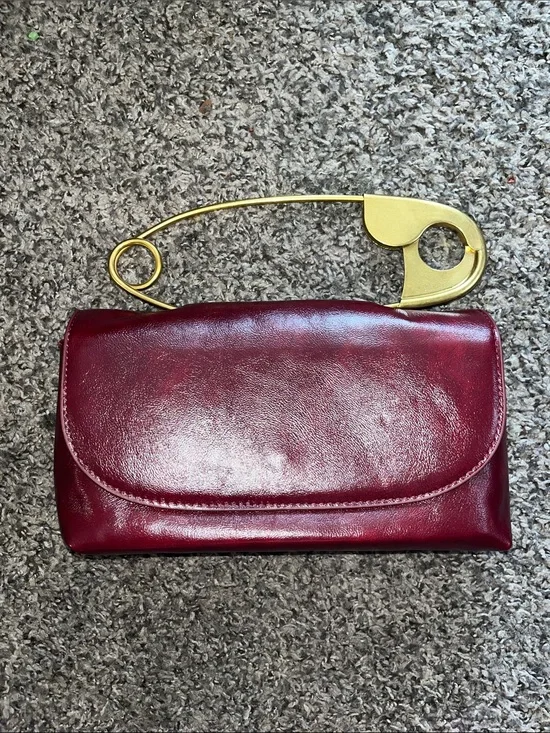 Burgundy Leather Clutch with Gold Safety Pin Accent