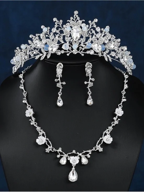 Silver Floral Crystal Necklace and Tiara Set - Clear