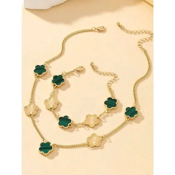 Gold & Green Quatrefoil Clover Necklace & Bracelet