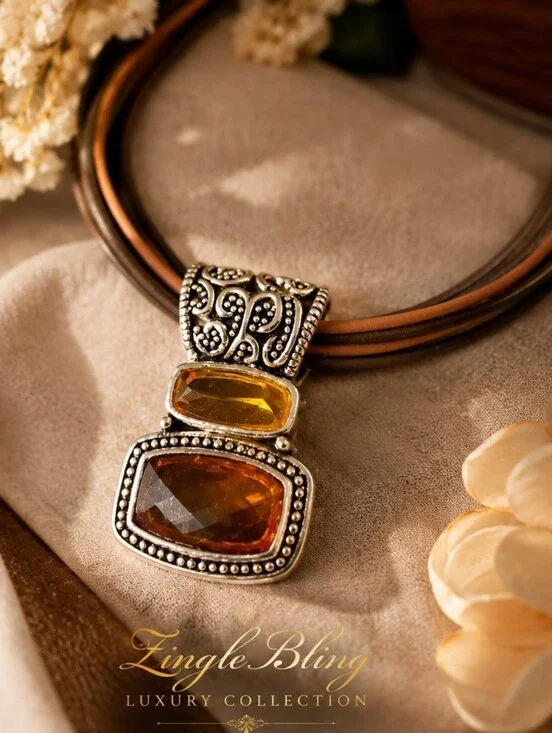 Vintage Cookie Lee Multi Strand Faux Leather Necklace Amber Glass Pendant Boho