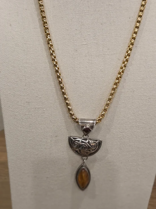 Gold Chain Necklace with Silver Filigree and Amber Pendant Signed LB