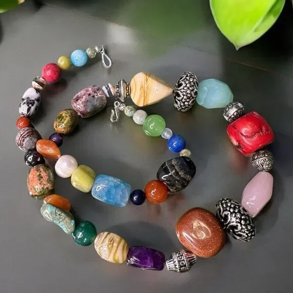Handmade Genuine Multi Gemstone Chunky Beads Blessingway Necklace 22” 925 Silver