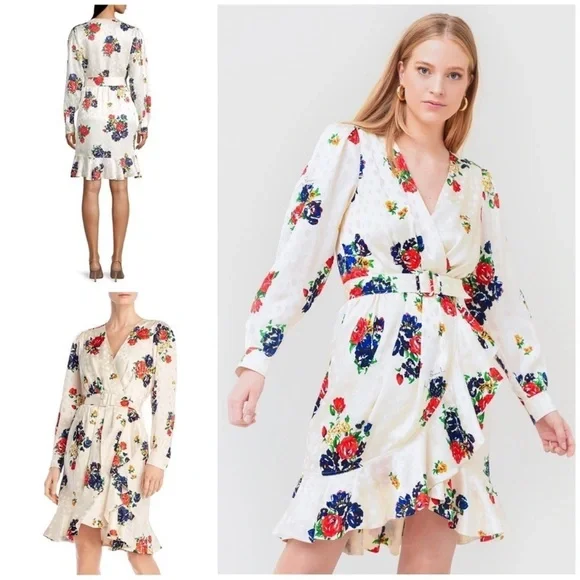 Tory Burch Printed Silk Wrap Dress Ivory Tea Rose Size 8 Floral Luxury Ruffle