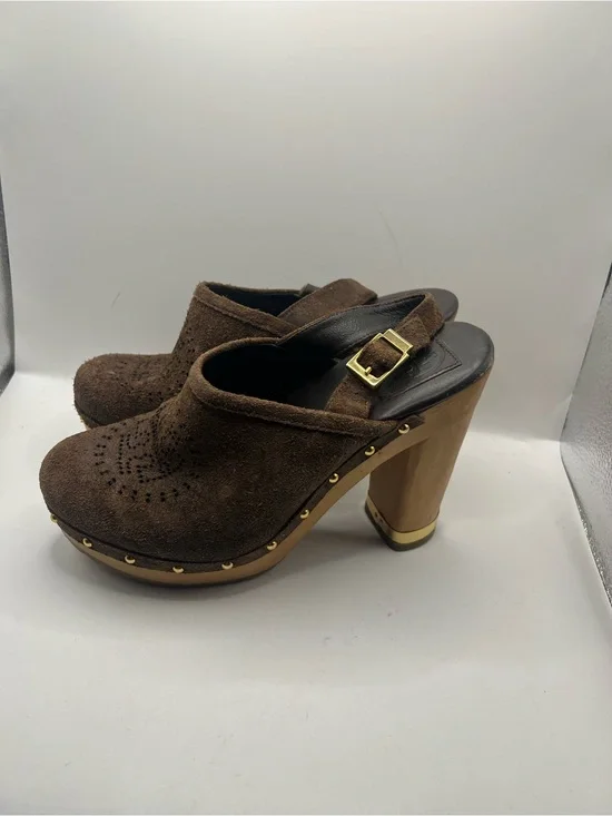 Tory Burch Brown Suede Brayden Slingback Clogs