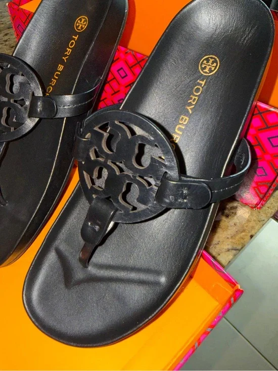 Tory Burch Black Leather Logo Thong Sandals