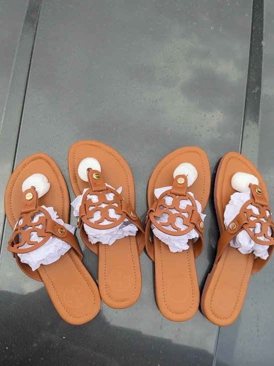 Tory Burch Cognac Leather Logo Cutout Slide Sandals