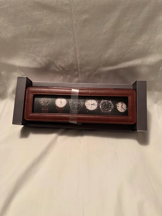 Woodburry 6-Piece Watch Case Rich Brown Faux Leather with Glass Display Lid