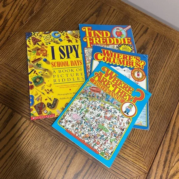 4 Puzzle Books: I Spy School Days, Find Freddie, Where’s Columbus, Find Frankie