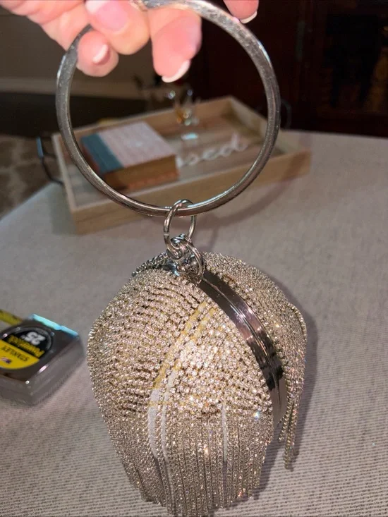 Silver Crystal Fringe Wristlet Clutch with Metal Bangle