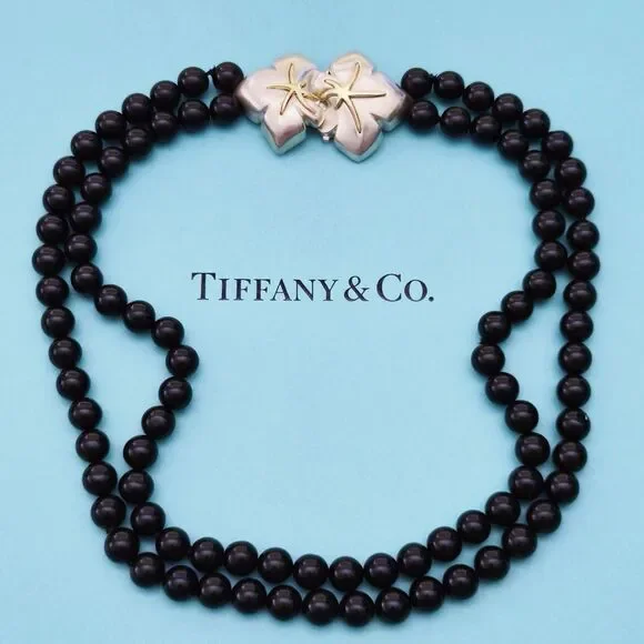 RARE Vintage Tiffany & Co. Black Onyx Bead Starfish 18K Gold Silver Necklace