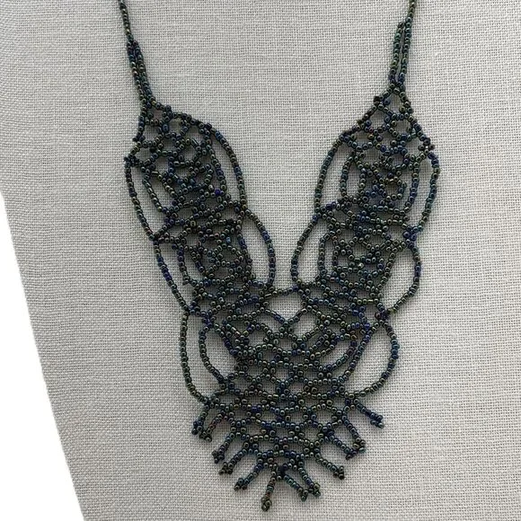 Petrol Purple Iridescent Beaded Bib Collar Necklace Costume Jewelry Statement