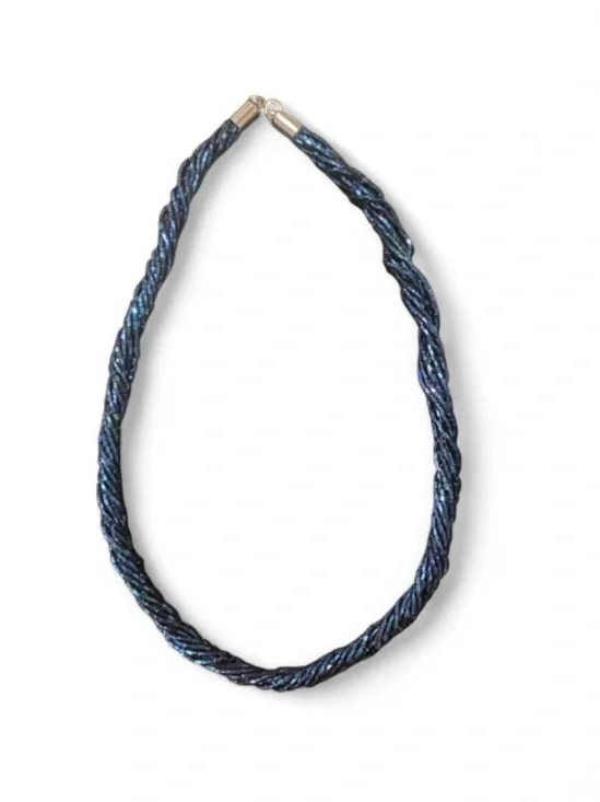 Braided Seed Bead Necklace in Iridescent Navy