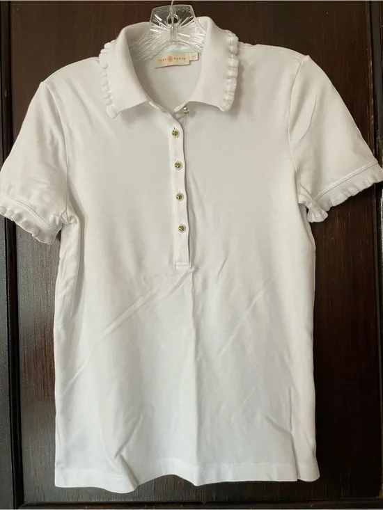 Tory Burch White Ruffle-Trim Polo with Pearl gold logo Buttons small