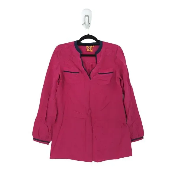 Tory Burch Women 6 Blouse Magenta Pink Contrast Long Sleeve V Neck Silk FLAW