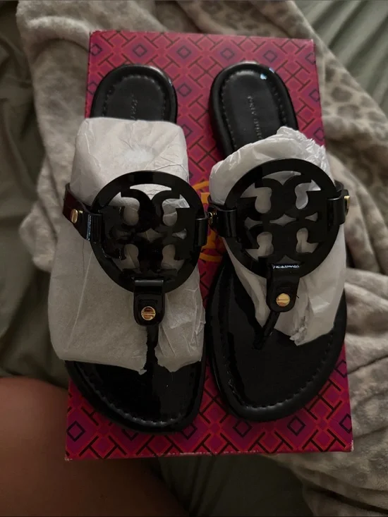 Tory Burch Black Patent Logo Thong Sandals