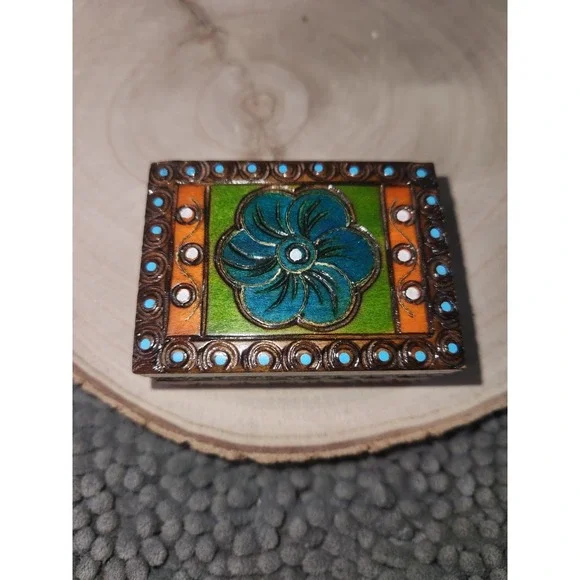Polish Hand Made Painted/Carved~Burnt Details- Wooden Trinket‎ Box Blue Flower