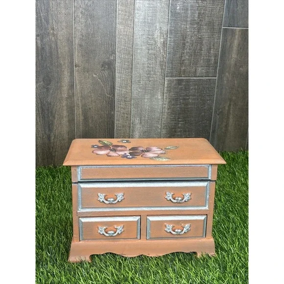 Vintage‎ Hand Painted Wooden Jewelry Box Music Box (Not Working) Floral