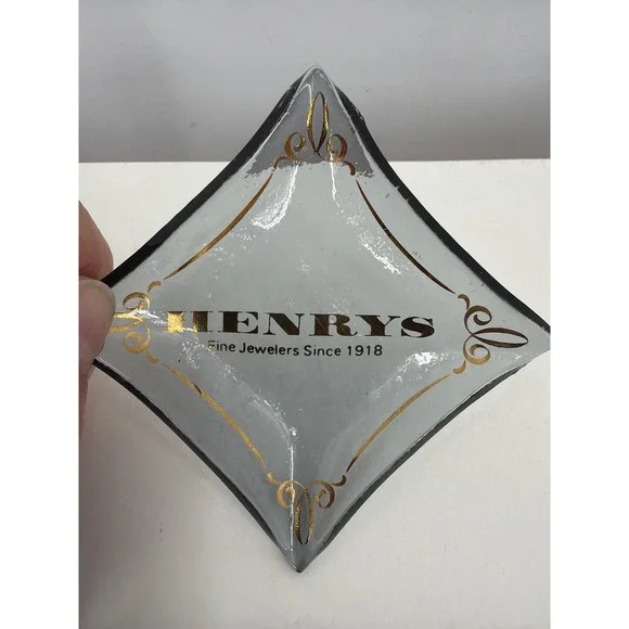 Henrys Fine Jewelers Vintage Glass Trinket‎ Dish Diamond Shaped MCM