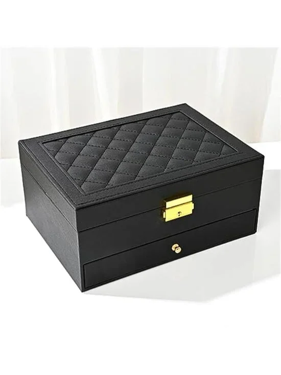 Large Black Jewelry Box Organizer Case Two Layer Storage Earrings Rings Necklace