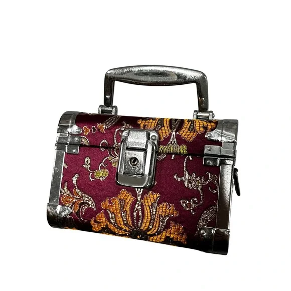 Vintage Floral Brocade Mini Jewelry Trunk Burgundy Gold Satin Travel Case Box