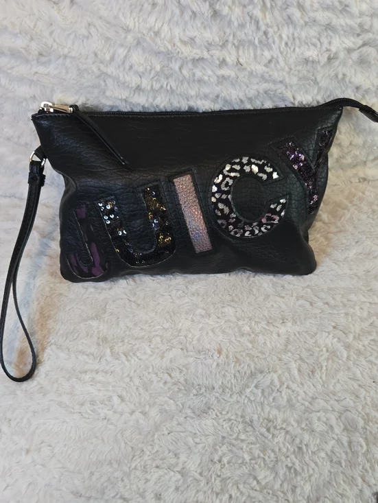 Juicy Couture Black Sequin Logo Wristlet with Purple Accents EUC