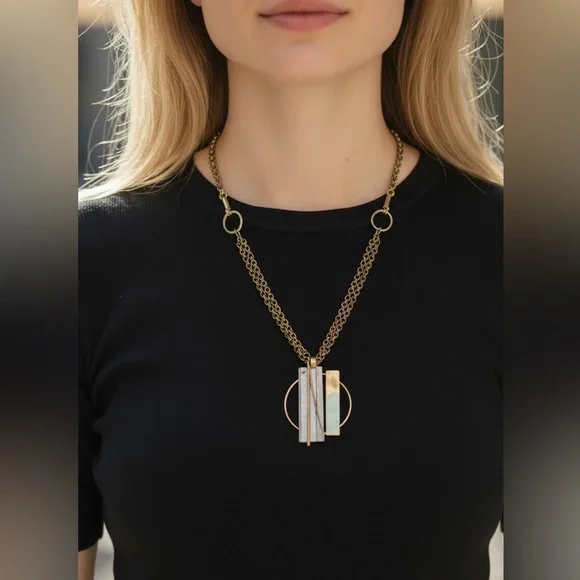 Retro 80s Gold and Silver Modern Multi-Bar Pendant Necklace