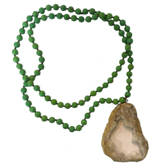 HANDMADE Green Beaded‎ Quartz Pendant Necklace