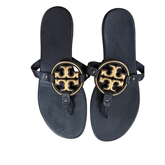 Tory Burch Metal Miller Sandal Black Leather Gold Logo Thong Flip Flop Womens 10