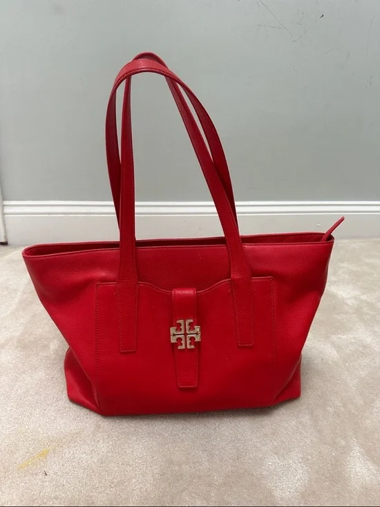 Tory Burch Red Pebbled Leather Tote with Gold Logo