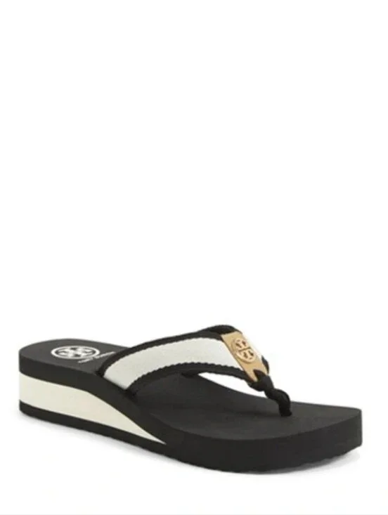 Tory Burch Frankie Wedge Gold Emblem Sandal Size 8