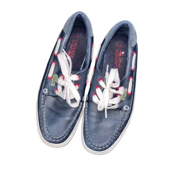 Lacoste Boat Shoes Men's Size 8.5 Navy Blue Lace-Up Casual Shoes preppy leather