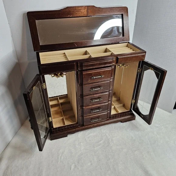 Vintage Wood Jewelry Box Brown Velvet Lined Mirror 5 Drawers Glass Doors