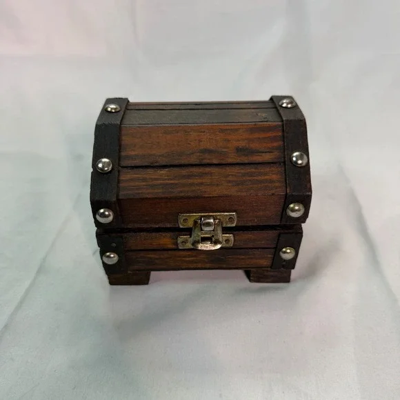 Vintage Wooden Treasure Chest Mini Jewelry Box Trinket Trunk Blue Velvet Lining