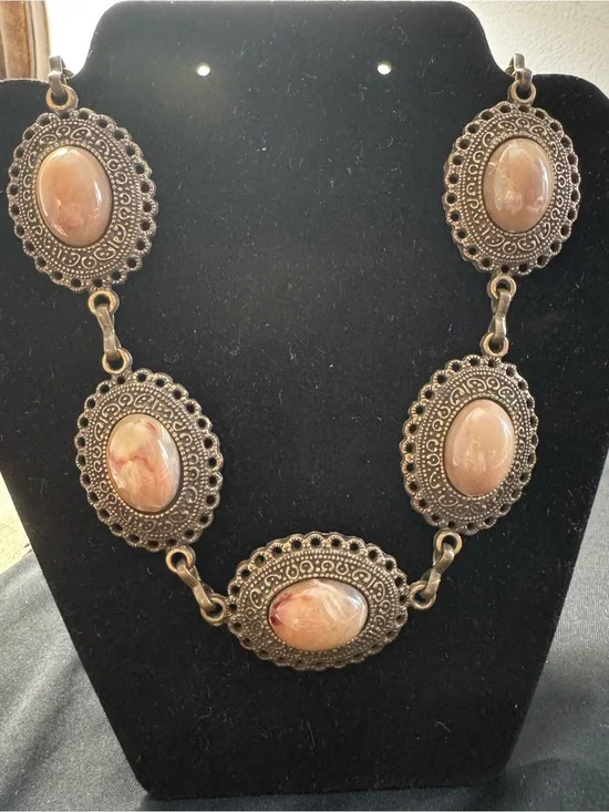 Large Brass Boho Statement Necklace - Marbled Cabochon Medallions