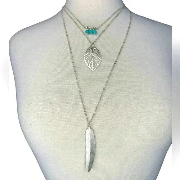 Layered silver necklace women’s jewelry feather beads leaf blue