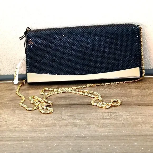 Kate Landry Black Sequin Clutch Purse With Gold Chain Shoulder Strap